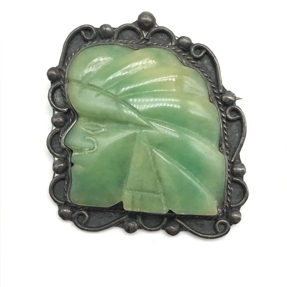 Vintage 925 Sterling Large Carved Jade Tribal Indian Face Brooch Pin